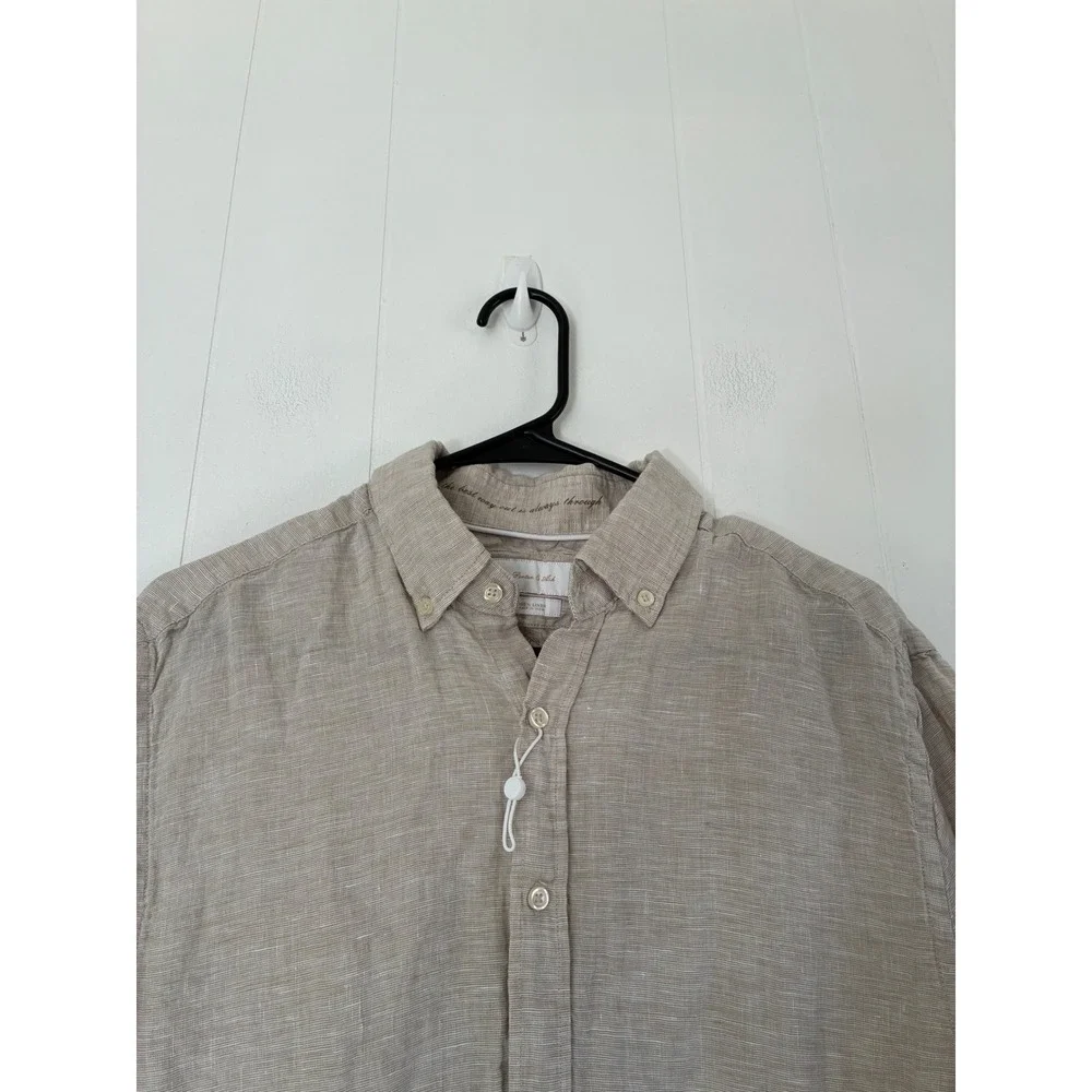 Porter & Ash Mens Tan 100% Linen Short Sleeve Button Down Shirt‎ Resort Wear L